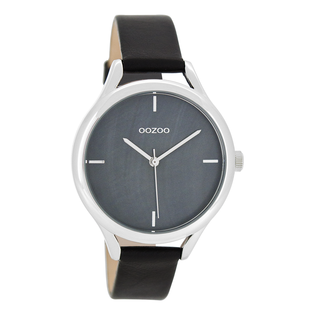 OOZOO Montre en couleur argent avec bracelet en cuir en noir - C8349