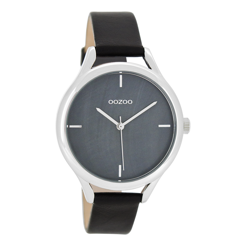 Silver coloured OOZOO watch with black leather strap - C8349