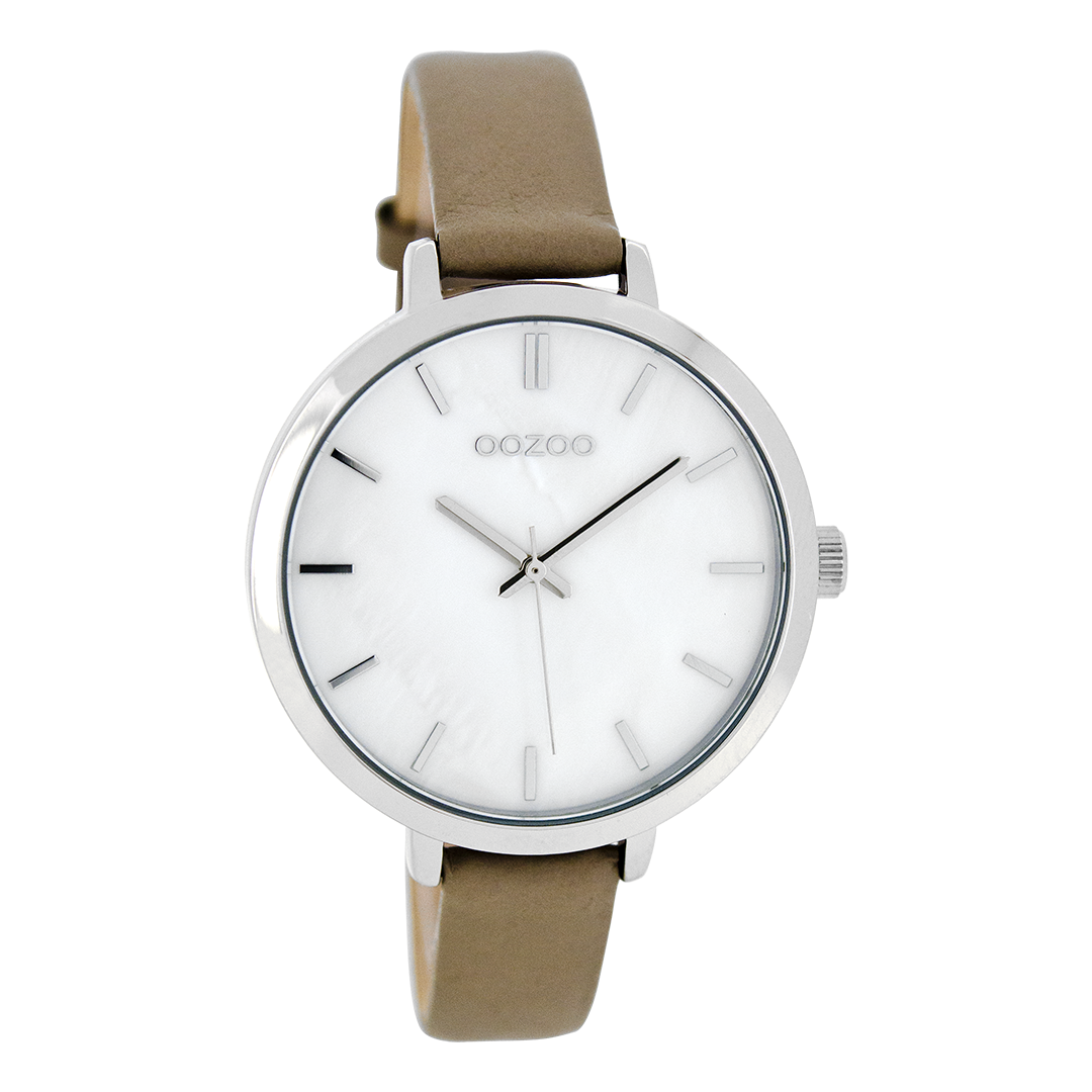 Zilverkleurige OOZOO horloge met taupe leren band - C8357