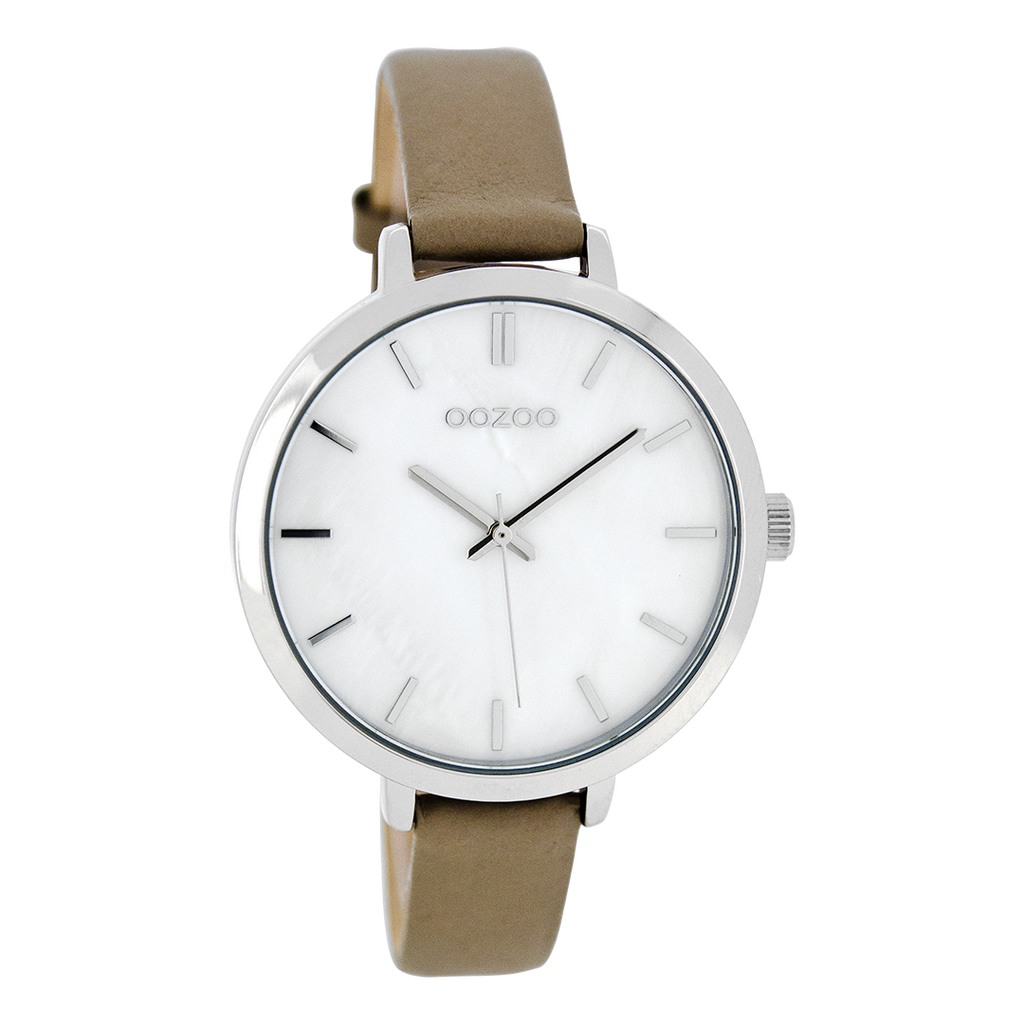 Silver coloured OOZOO watch with taupe leather strap - C8357