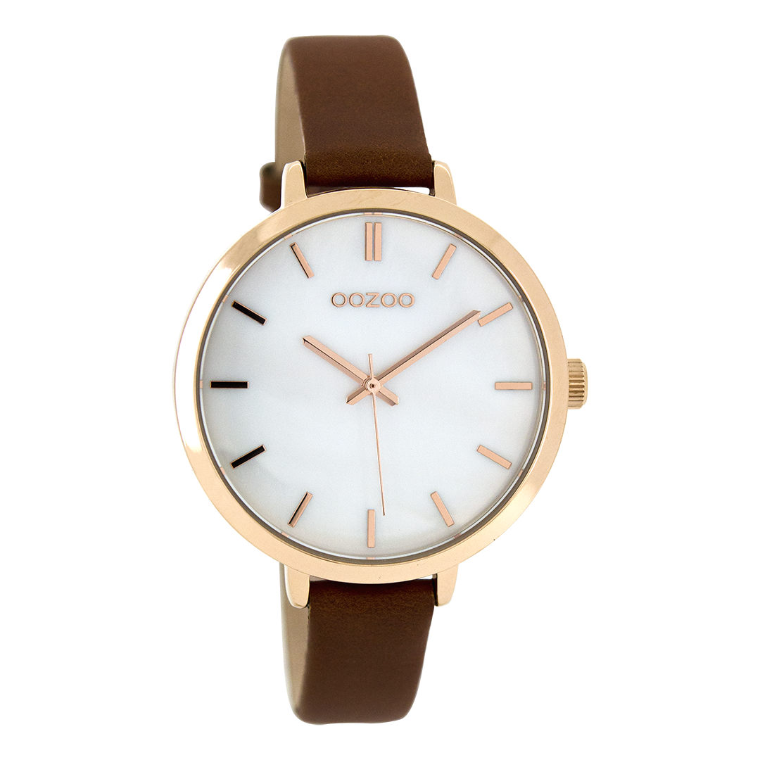 Rosé goudkleurige OOZOO horloge met bruine leren band - C8358