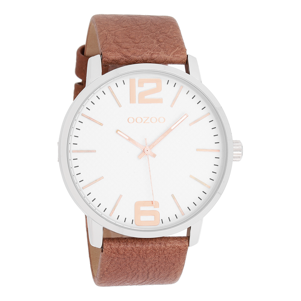 Silver coloured OOZOO watch with cognac leather strap - C8501