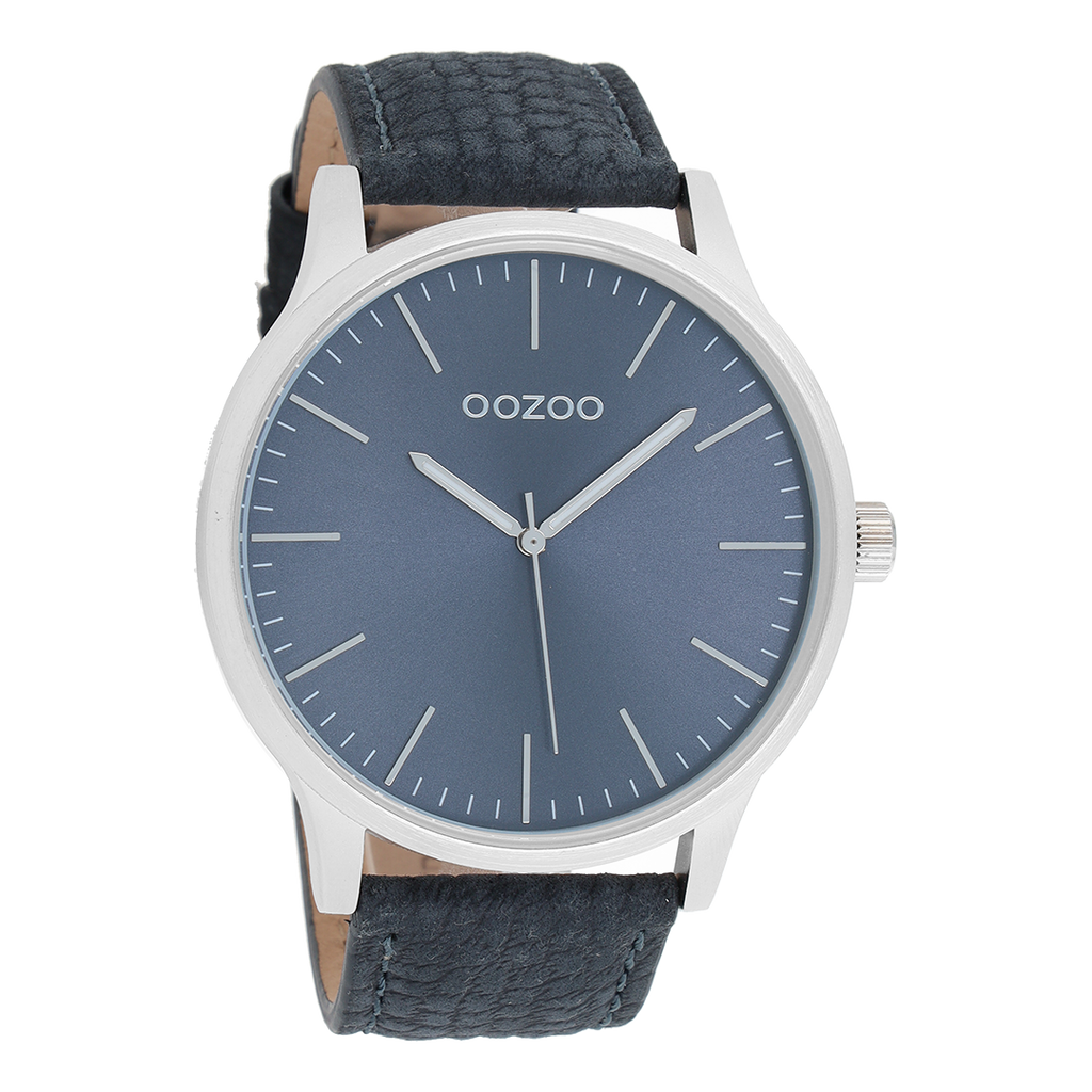 Silver coloured OOZOO watch with dark blue leather strap - C8537