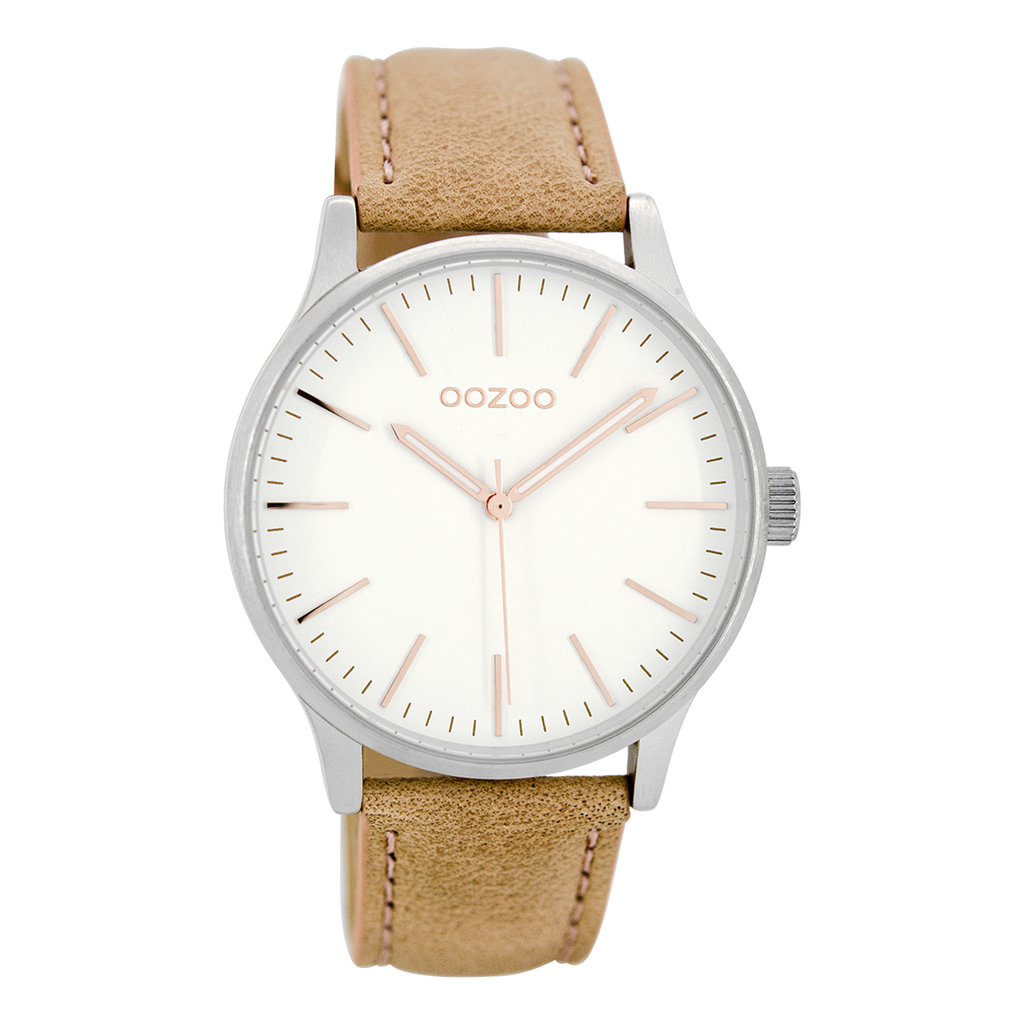 Silver coloured OOZOO watch with pink grey  leather strap - C8541