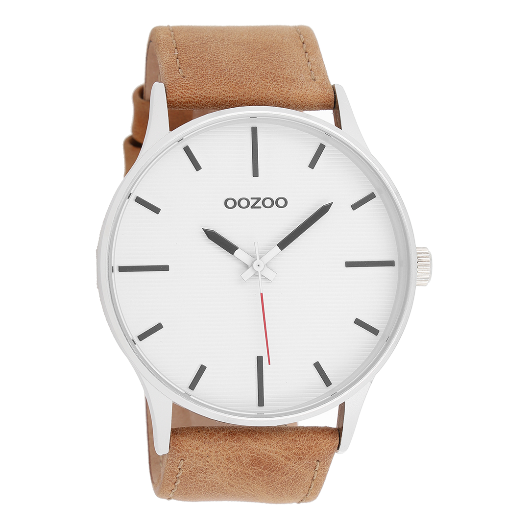 Zilverkleurige OOZOO horloge met bruine leren band - C8550