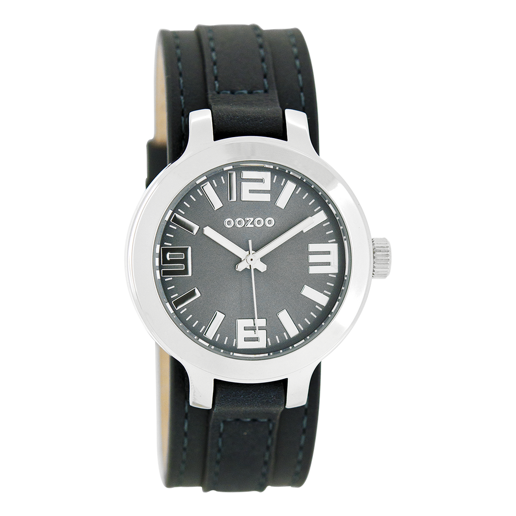 Silver coloured OOZOO watch with dark blue leather strap - C8707