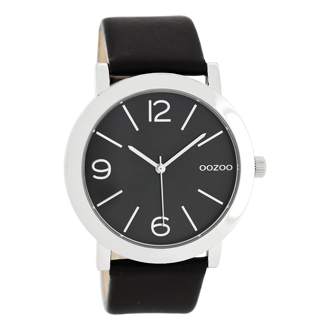 OOZOO Montre en couleur argent avec bracelet en cuir en noir - C8714