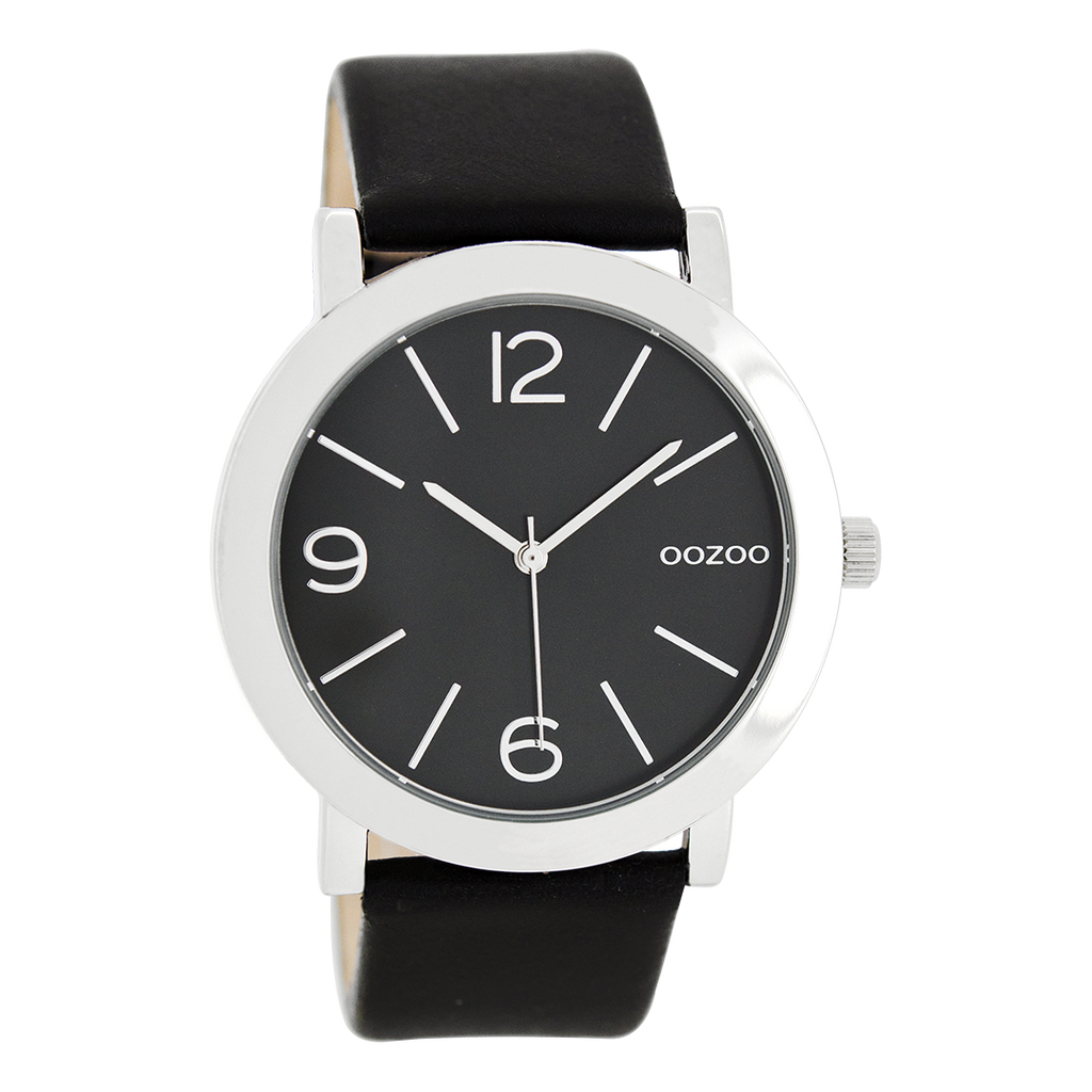 Silver coloured OOZOO watch with black leather strap - C8714