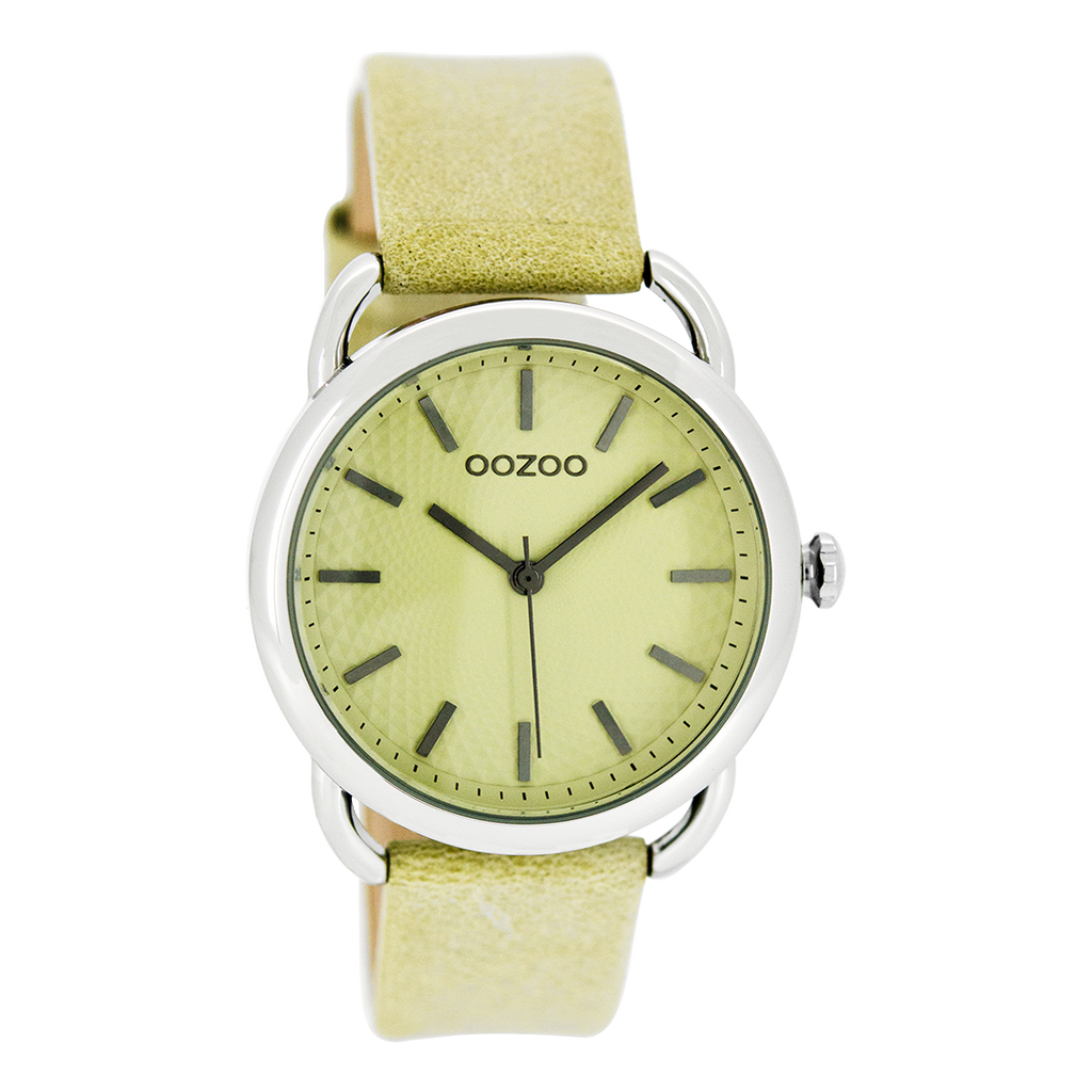 Silver coloured OOZOO watch with sand/light green leather strap - C8715