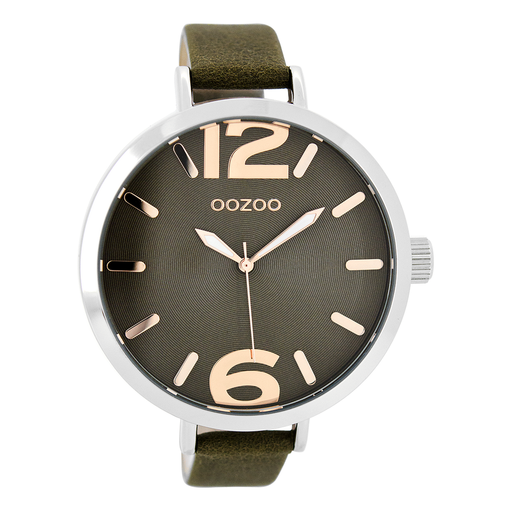 Silver coloured OOZOO watch with dark brown leather strap - C8723