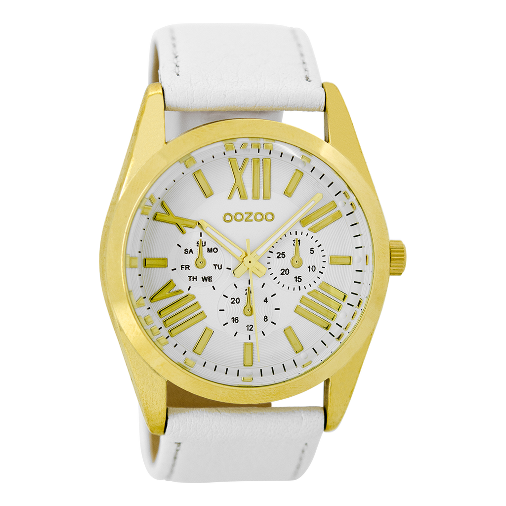 Gold coloured OOZOO watch with white leather strap - C8745