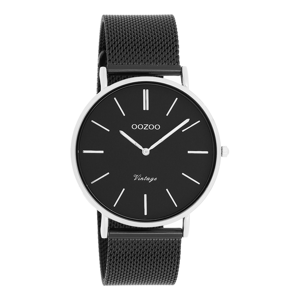 Zilverkleurige OOZOO horloge met zwarte metalen mesh armband - C8865