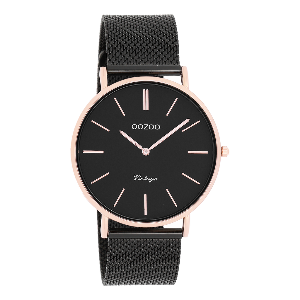 Rosé goudkleurige OOZOO horloge met zwarte metalen mesh armband - C8869