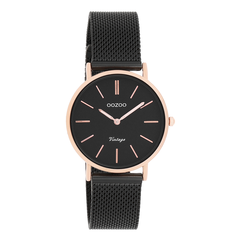 Rose gold coloured OOZOO watch with black metal mesh bracelet - C8871