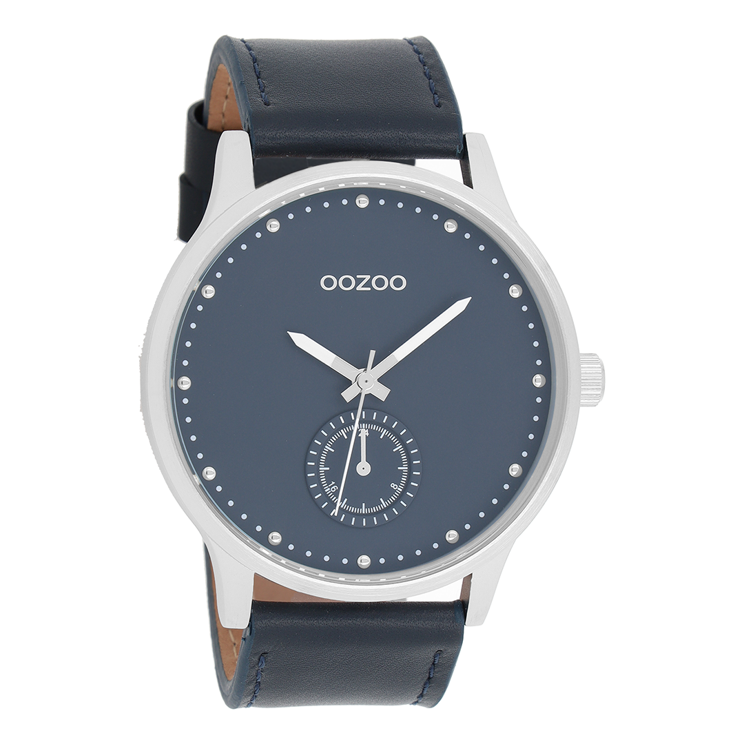 Zilverkleurige OOZOO horloge met donker blauwe leren band - C9008
