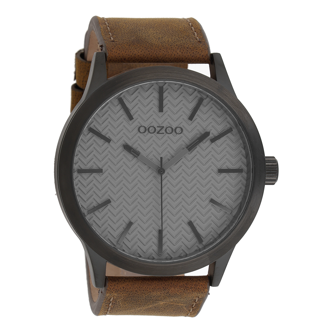 Zwarte OOZOO horloge met bruine leren band - C9012