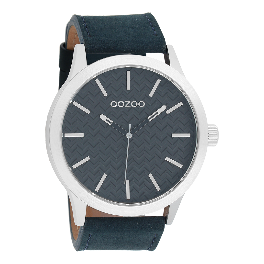 Zilverkleurige OOZOO horloge met donker blauwe leren band - C9013