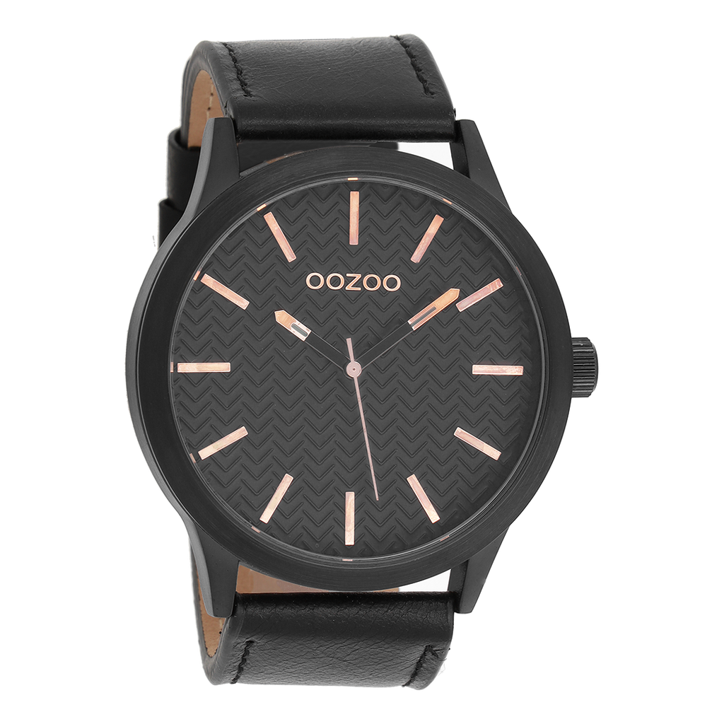 Black OOZOO watch with black leather strap - C9014