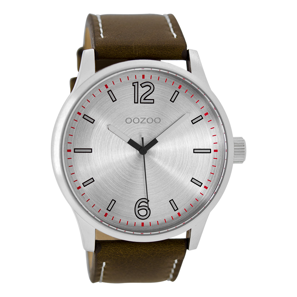 Silver coloured OOZOO watch with dark brown leather strap - C9048