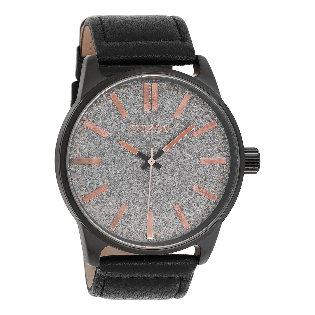 OOZOO Montre en noir avec bracelet en cuir en noir - C9063