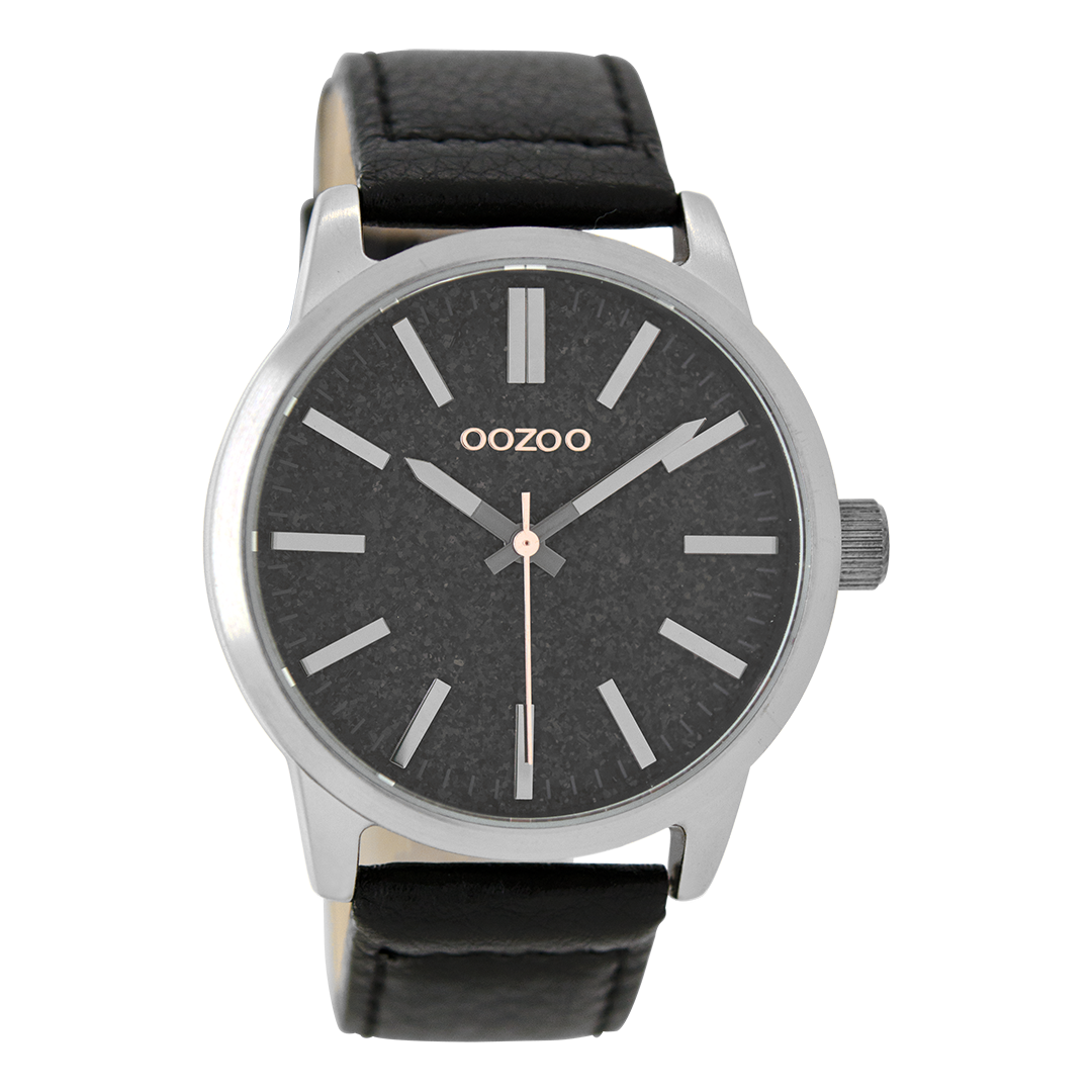 OOZOO Montre en couleur argent avec bracelet en cuir en noir - C9069