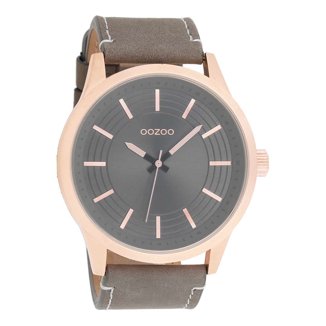 OOZOO Montre en couleur or rose avec bracelet en cuir en gris éléphant - C9078