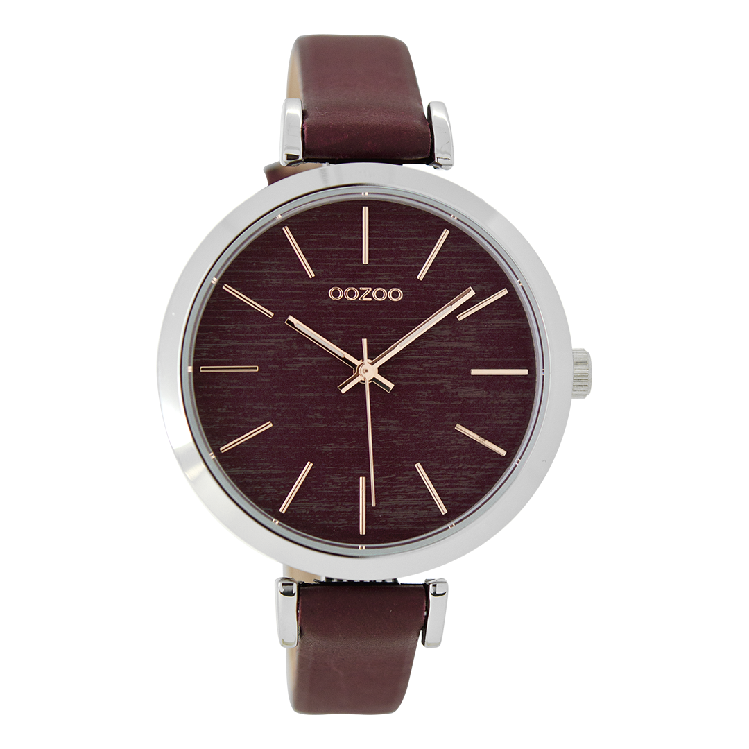 OOZOO Montre en couleur argent avec bracelet en cuir en bordeaux - C9137