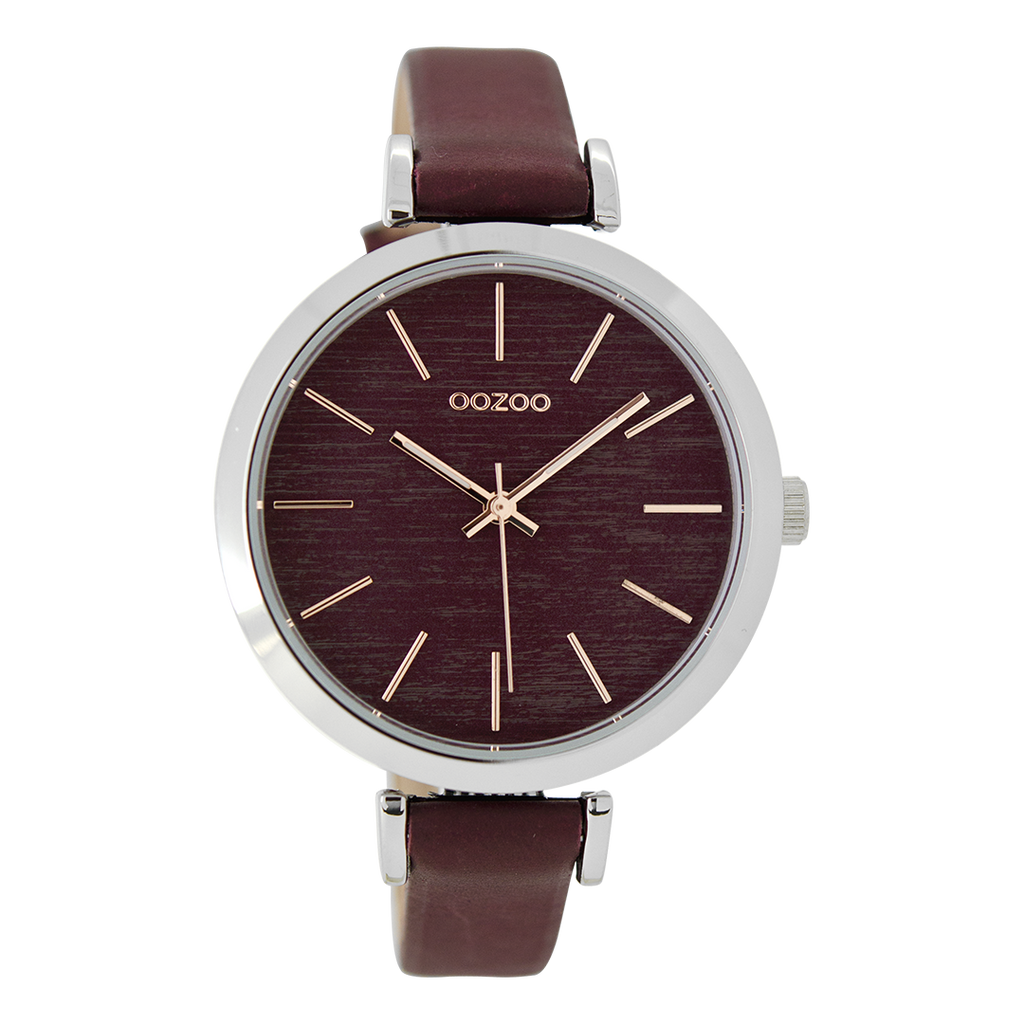 Silver coloured OOZOO watch with burgundy leather strap - C9137