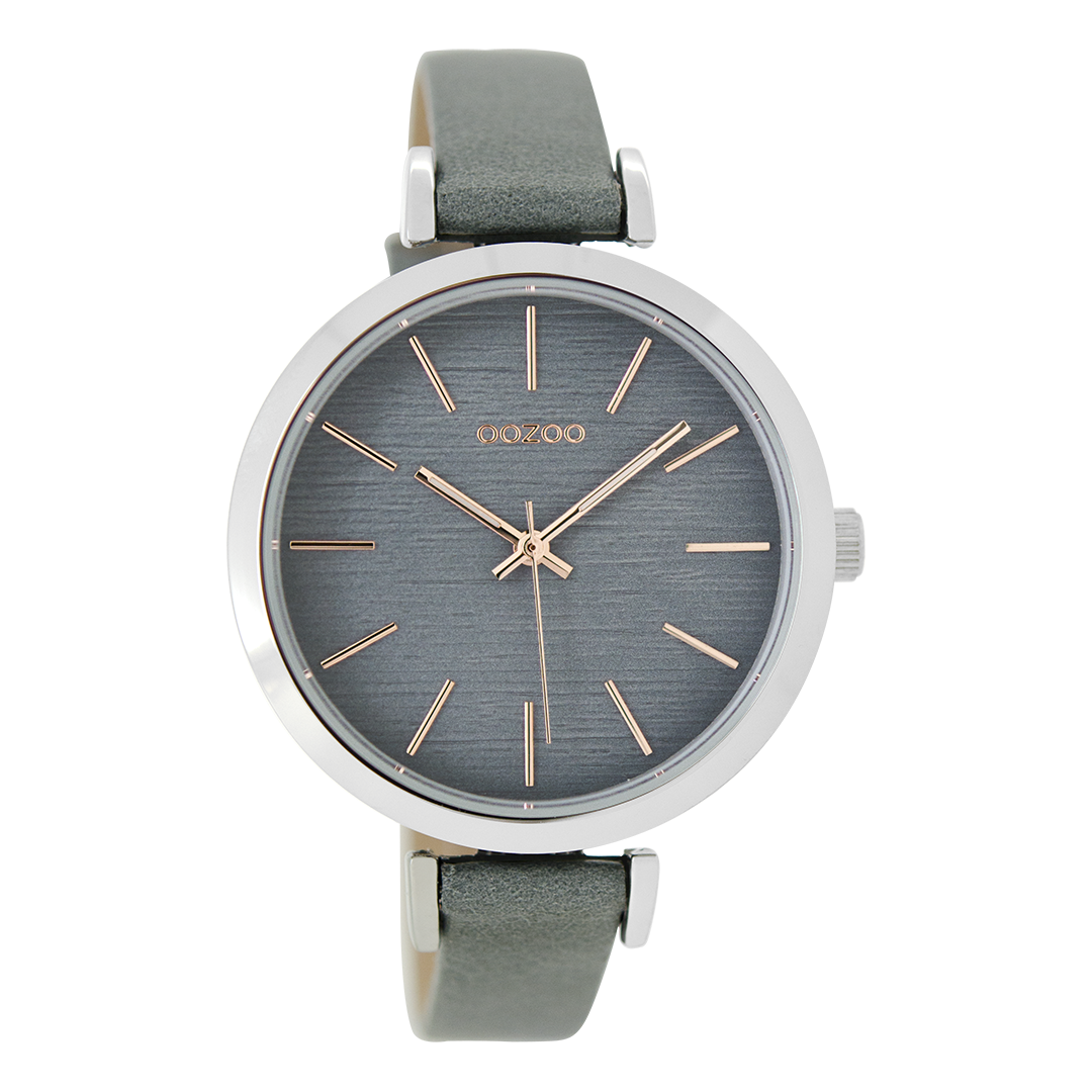 OOZOO Montre en couleur argent avec bracelet en cuir en gris aqua - C9138
