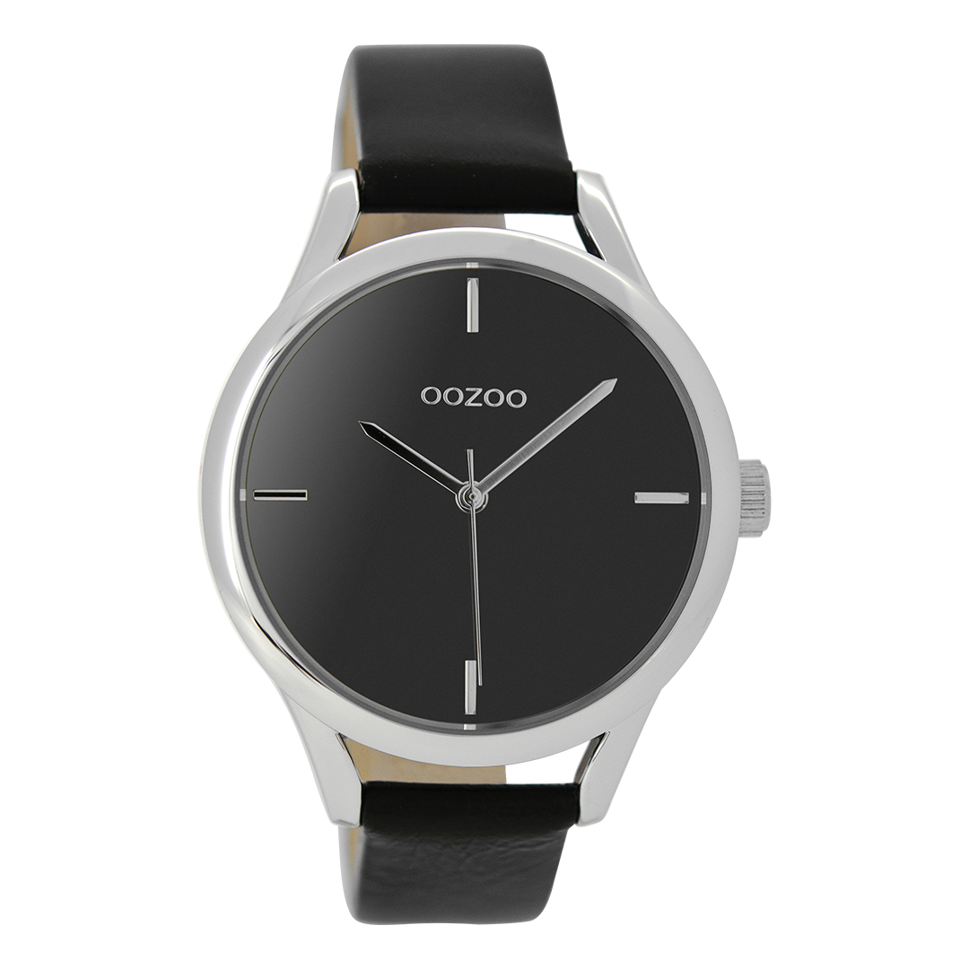 OOZOO Montre en couleur argent avec bracelet en cuir en noir - C9144