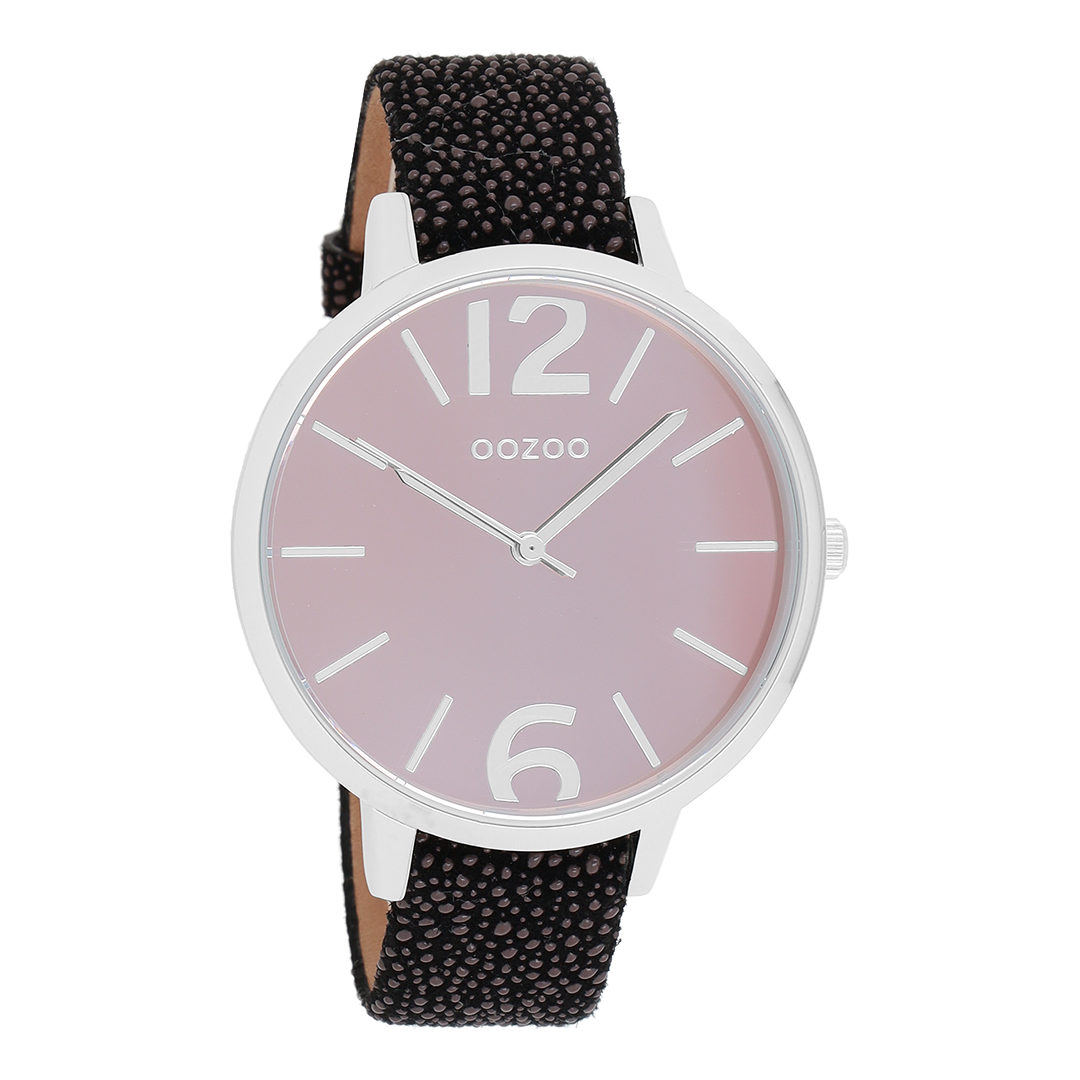 OOZOO Montre en couleur argent avec bracelet en cuir en noir - C9154