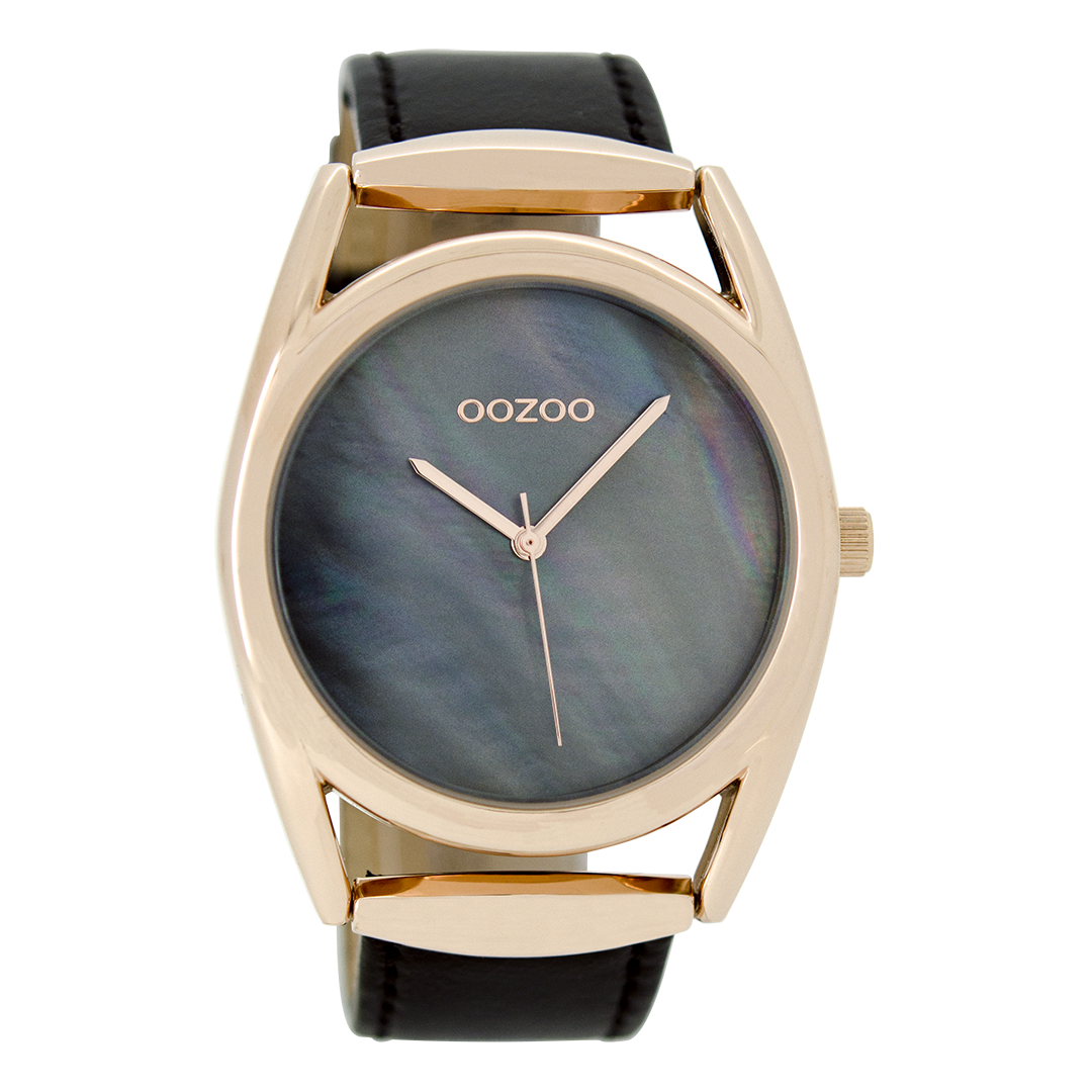 OOZOO Montre en couleur or rose avec bracelet en cuir en noir - C9169