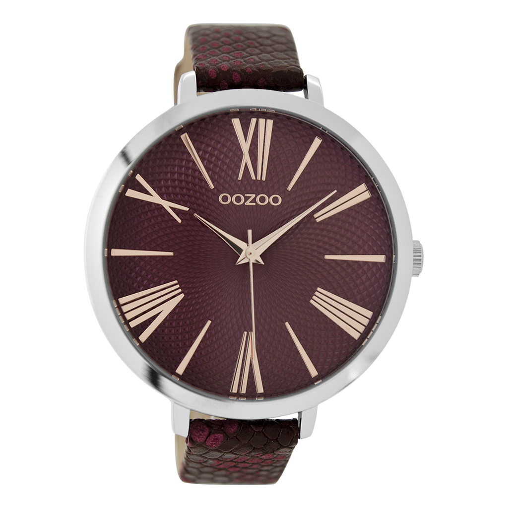 Silver coloured OOZOO watch with burgundy leather strap - C9171