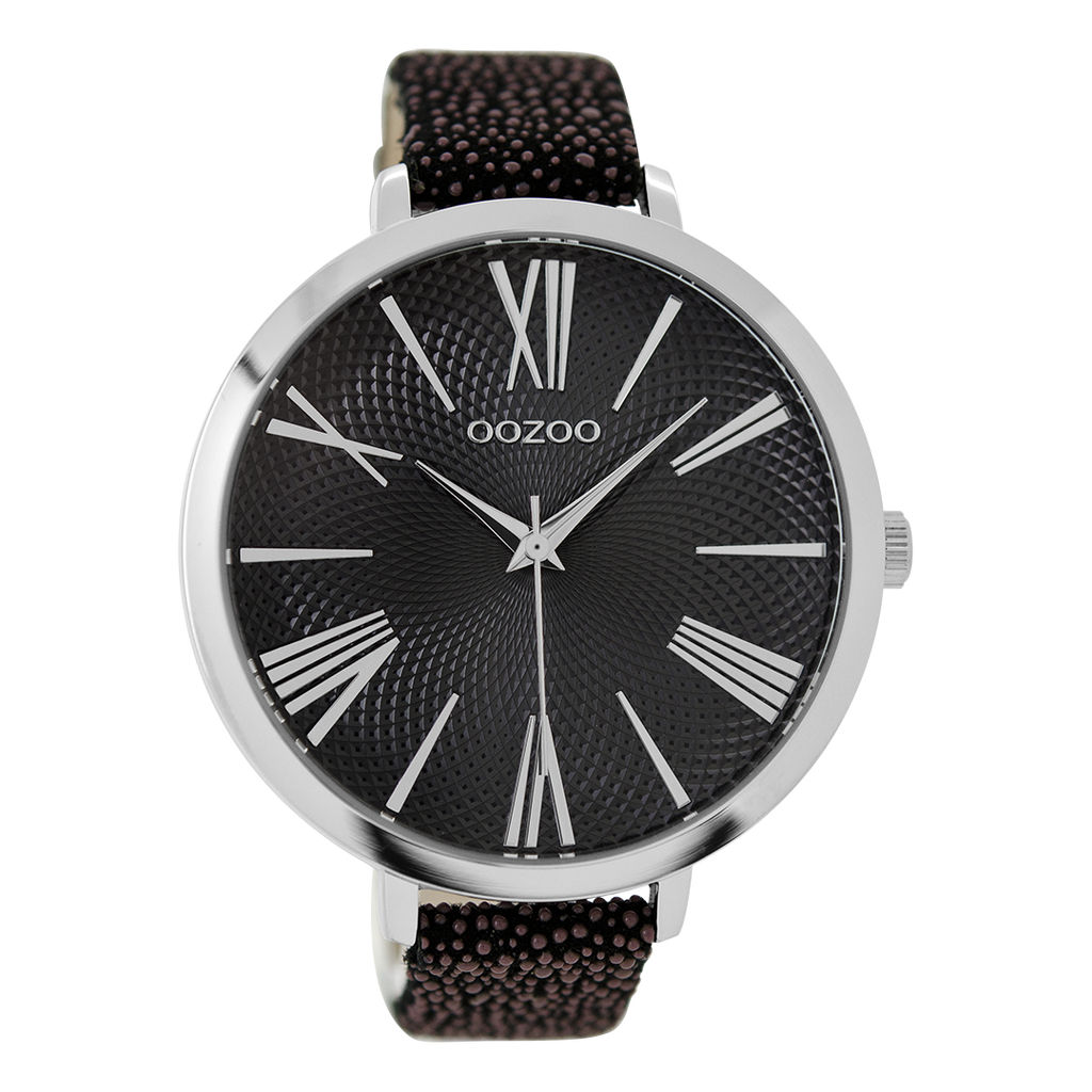 Silver coloured OOZOO watch with black leather strap - C9173