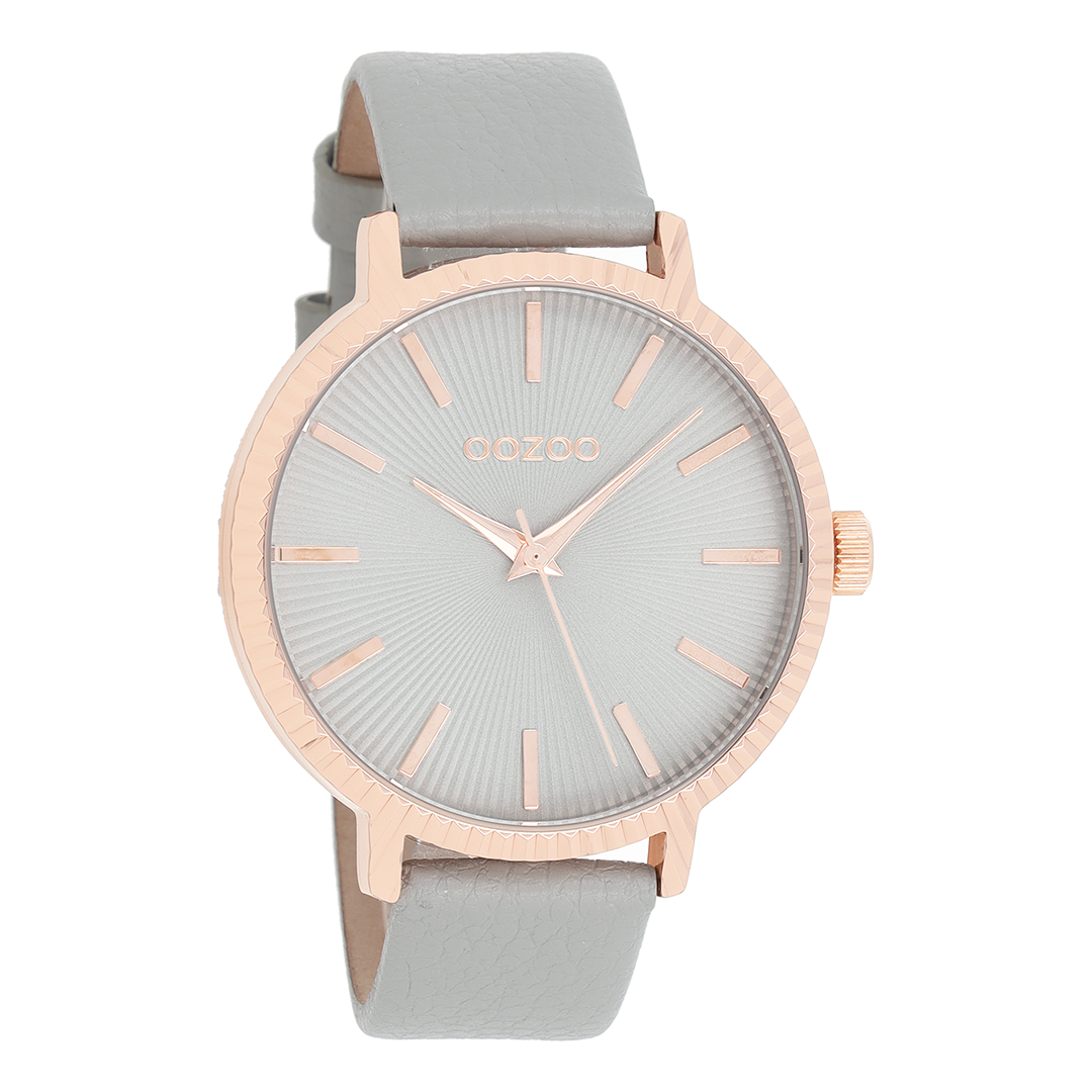 OOZOO Montre en couleur or rose avec bracelet en cuir en gris pierre - C9195