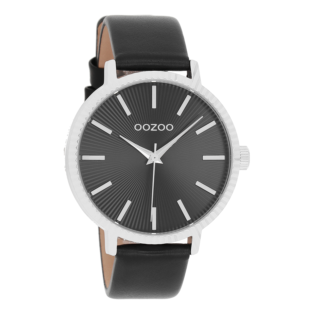 OOZOO Montre en couleur argent avec bracelet en cuir en noir - C9199