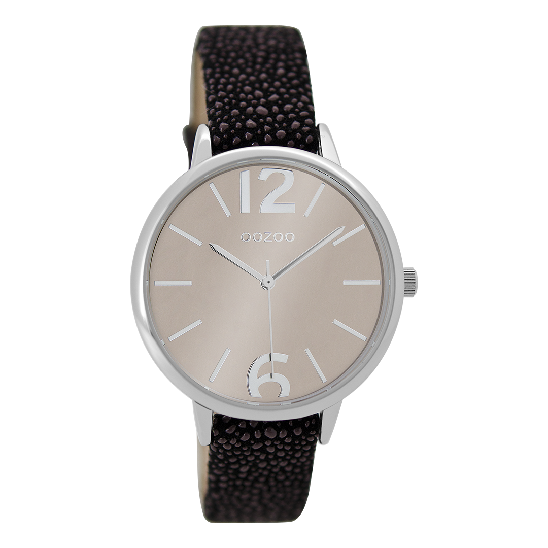 OOZOO Montre en couleur argent avec bracelet en cuir en noir - C9227
