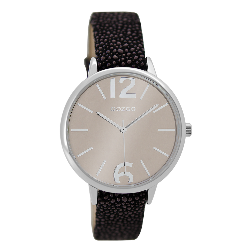 Silver coloured OOZOO watch with black leather strap - C9227