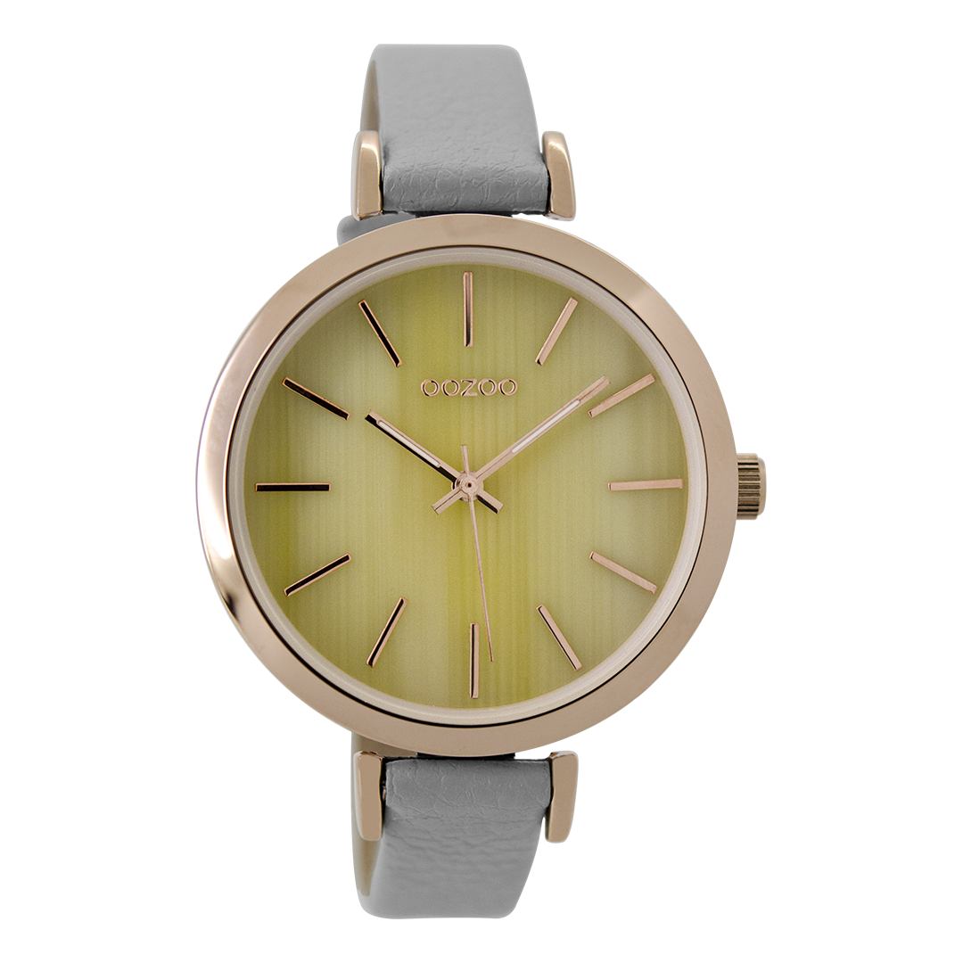 OOZOO Montre en couleur or rose avec bracelet en cuir en gris pierre - C9235