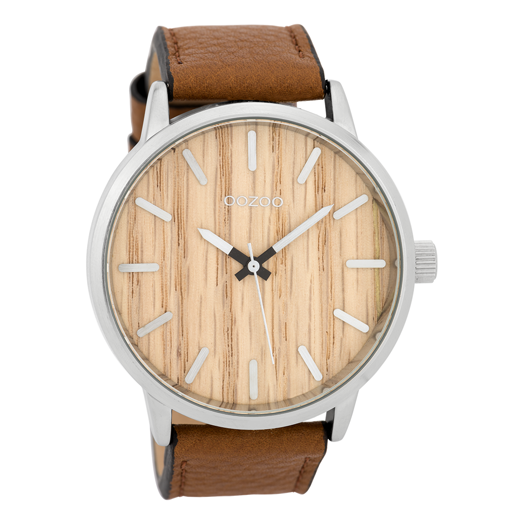 OOZOO Montre en couleur argent avec bracelet en cuir en cognac - C9256