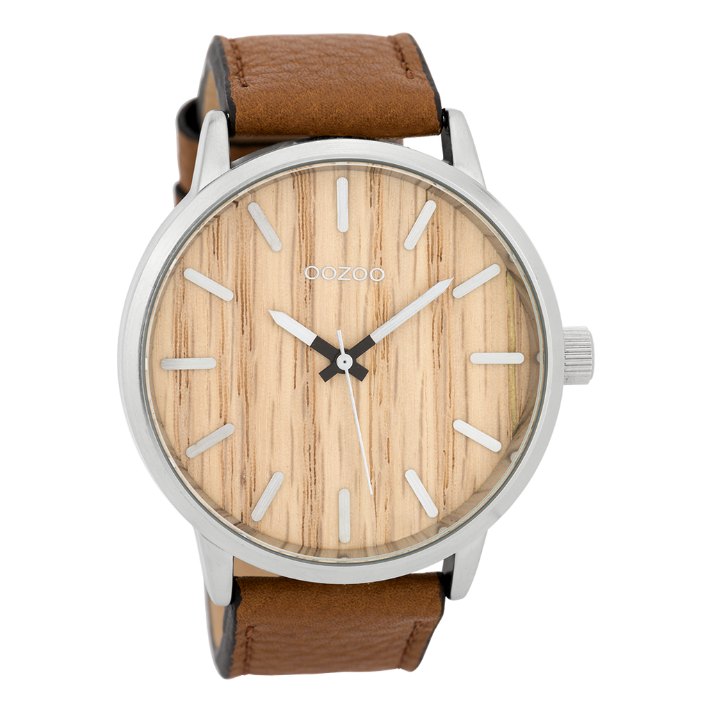 Silver coloured OOZOO watch with cognac leather strap - C9256