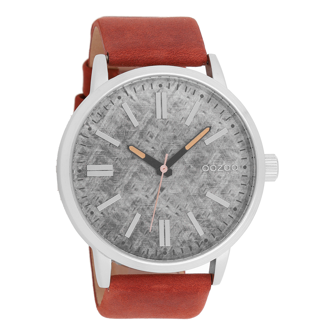 OOZOO Montre en couleur argent avec bracelet en cuir en cognac - C9407