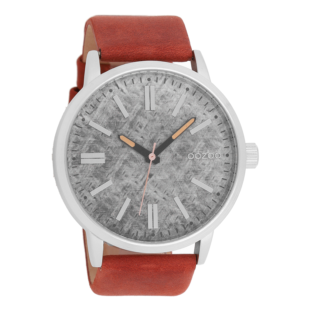 Silver coloured OOZOO watch with cognac leather strap - C9407