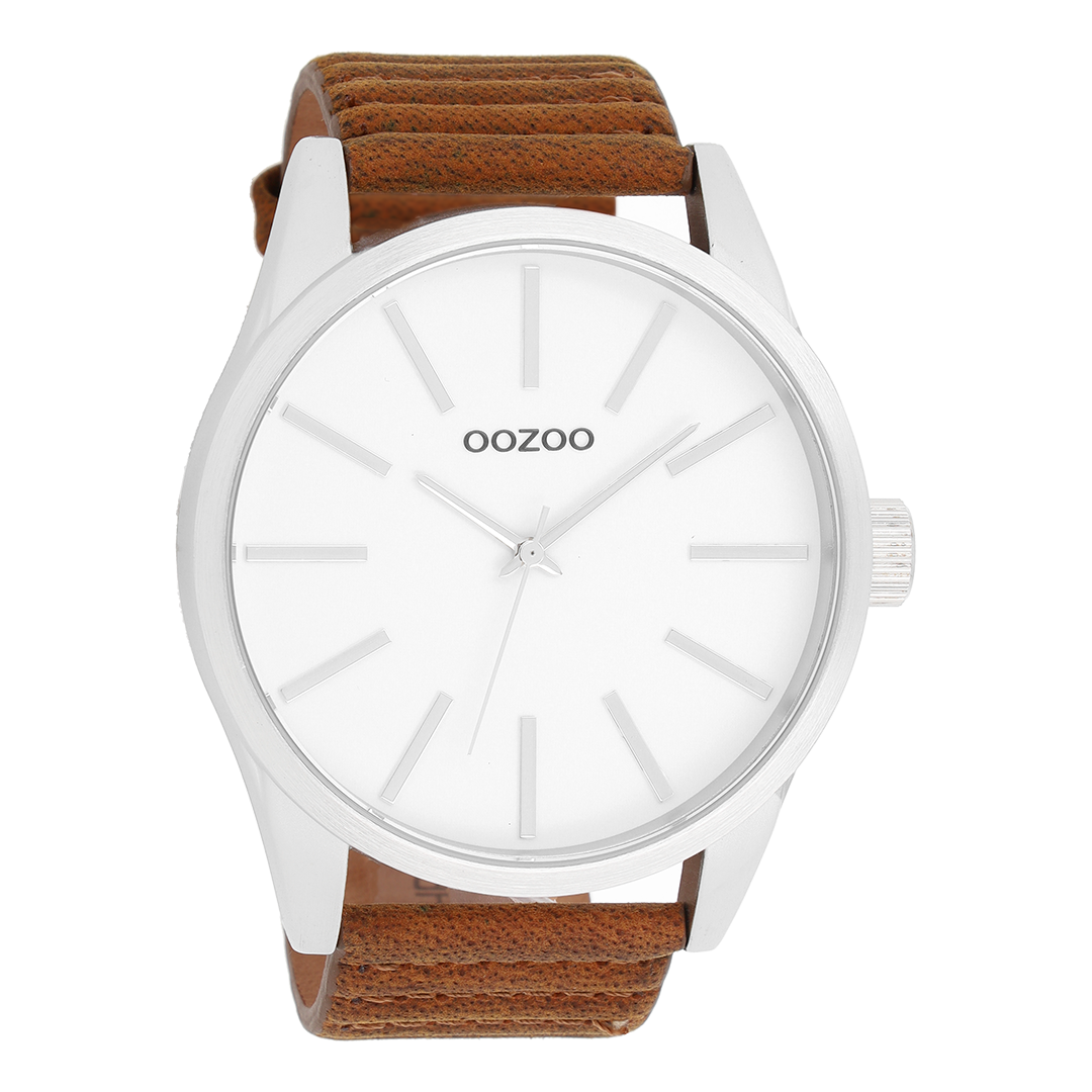 Silver coloured OOZOO watch with brown leather strap - C9410