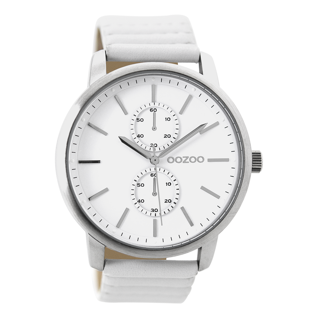 Silver coloured OOZOO watch with white leather strap - C9450