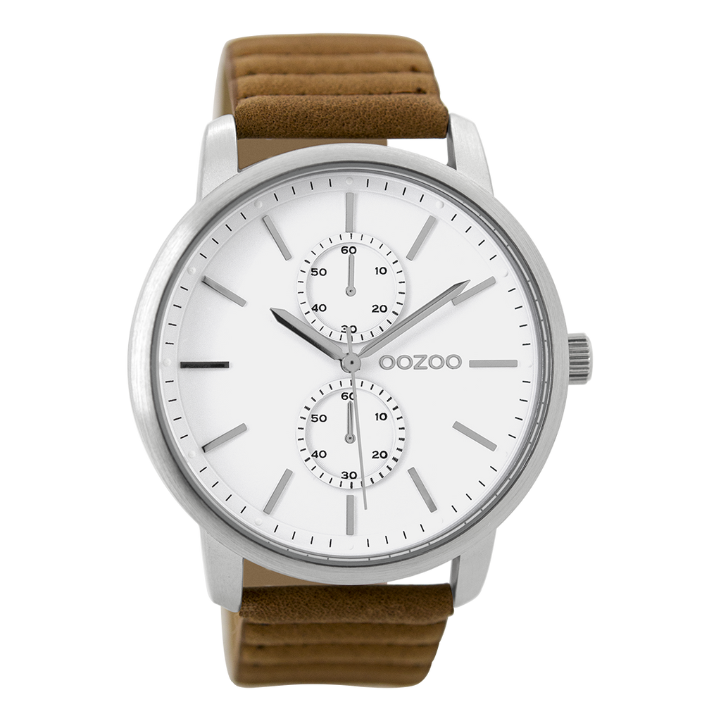 Silver coloured OOZOO watch with brown  leather strap - C9451