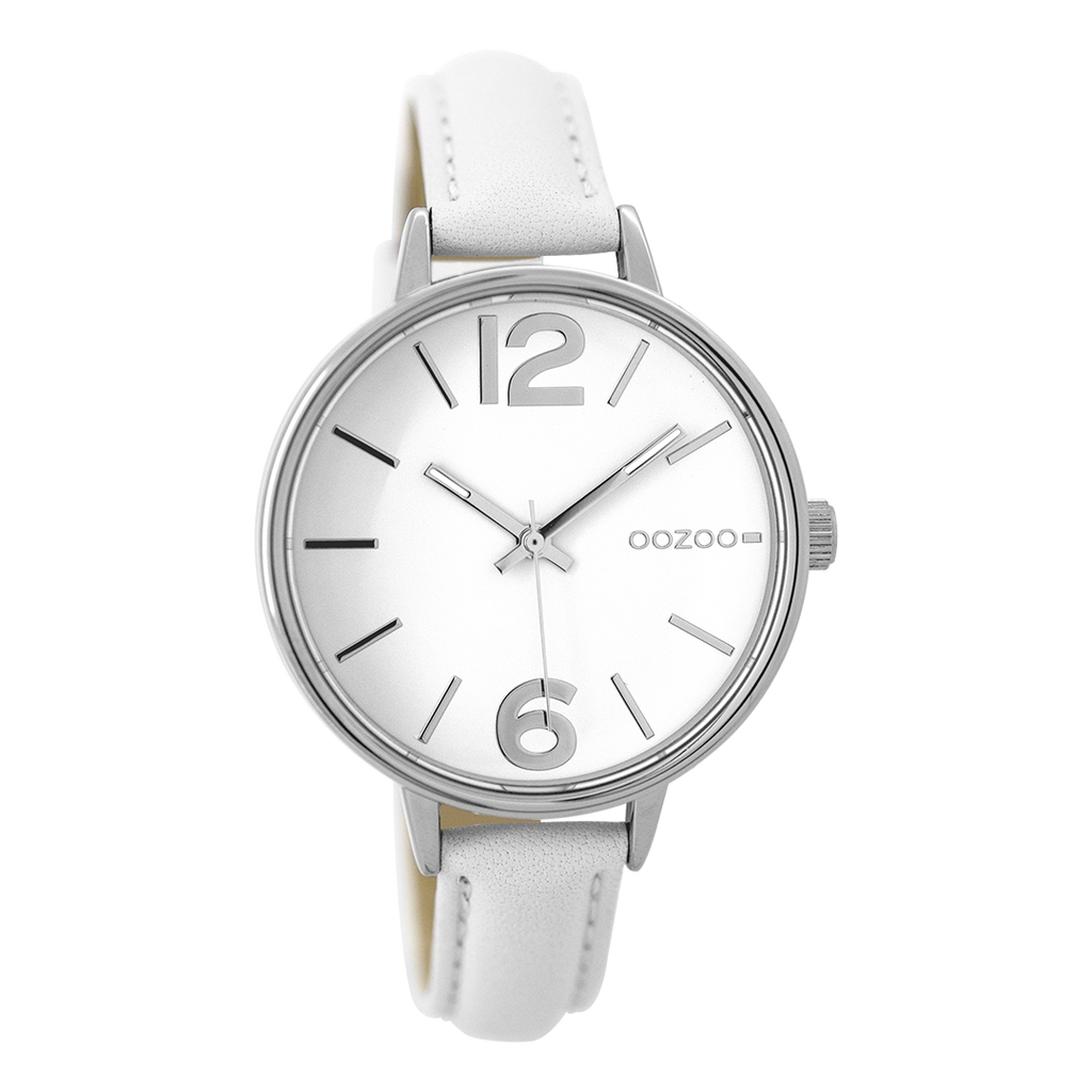 Silver coloured OOZOO watch with white leather strap - C9480