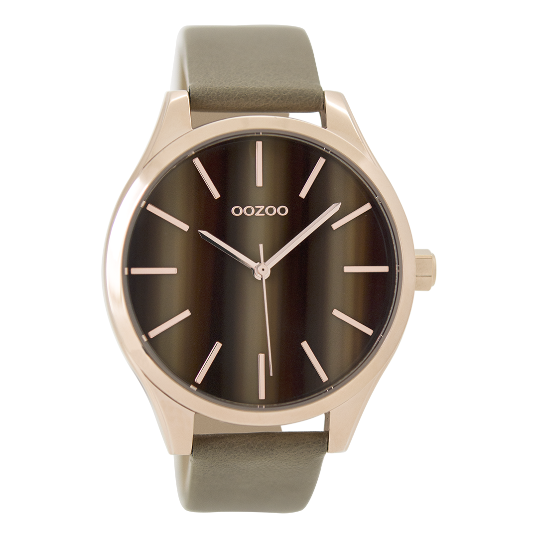 OOZOO Montre en couleur or rose avec bracelet en cuir en taupe - C9501