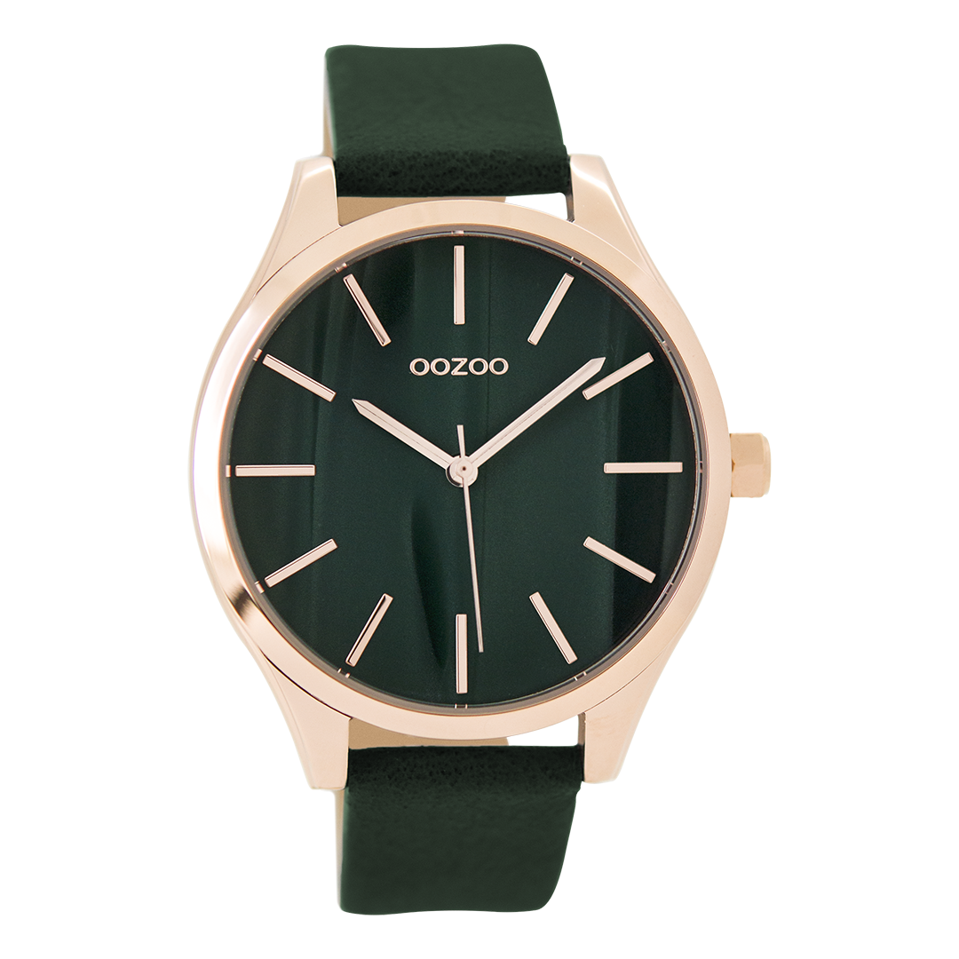 OOZOO Montre en couleur or rose avec bracelet en cuir en vert foncé - C9503