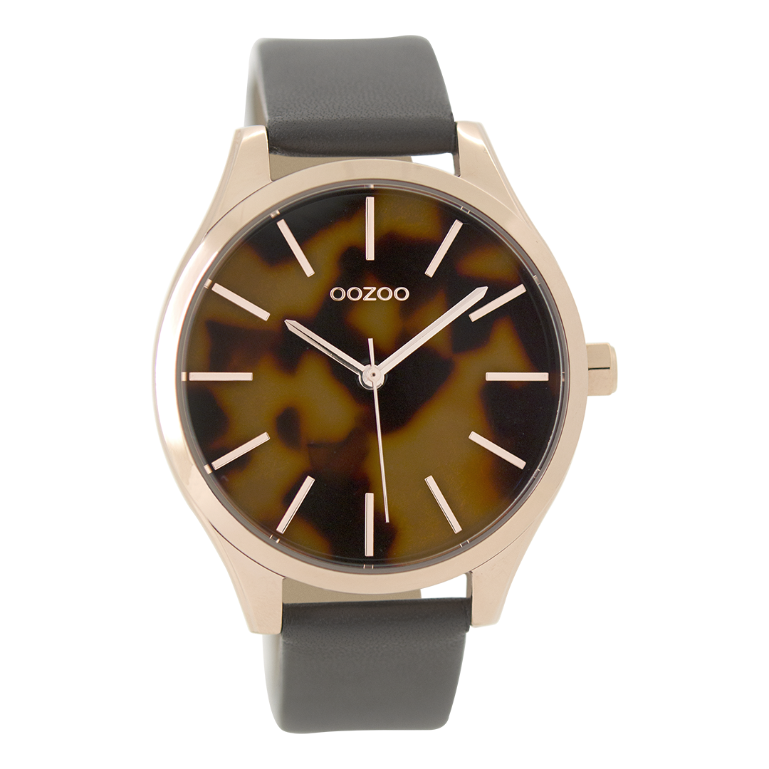 OOZOO Montre en couleur or rose avec bracelet en cuir en gris éléphant - C9504